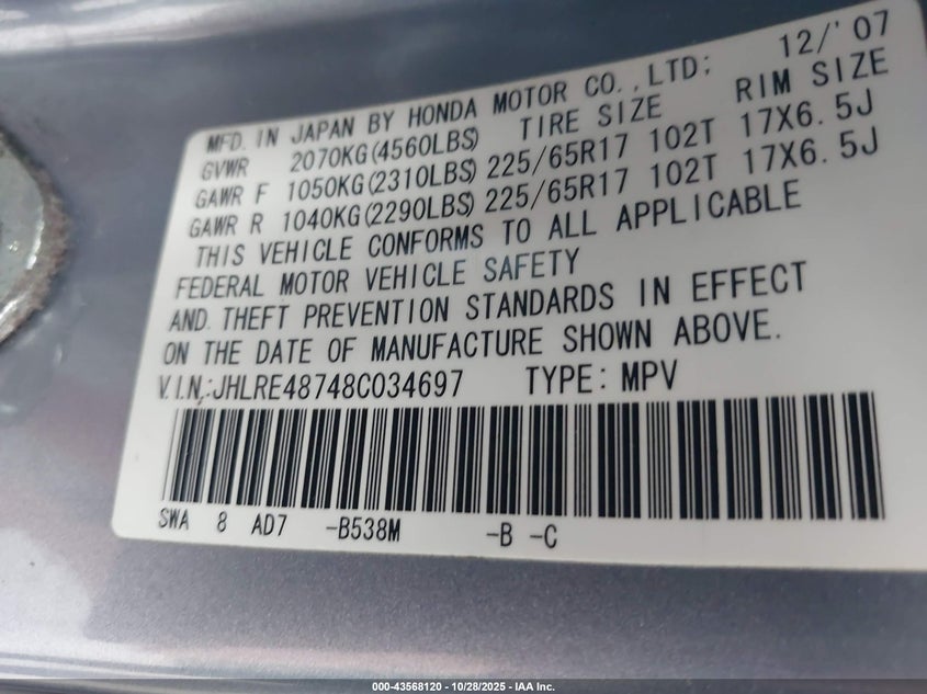 JHLRE48748C034697 2008 HONDA CR-V photo no. 9