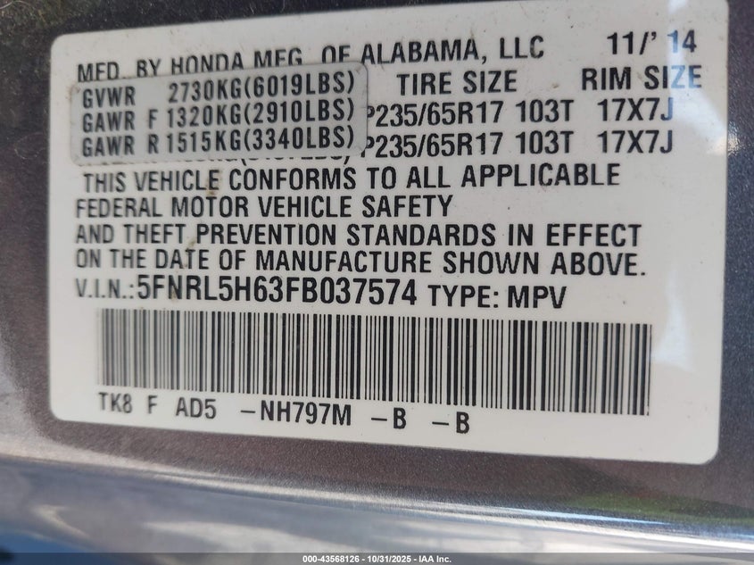 2015 HONDA ODYSSEY EX-L 5FNRL5H63FB037574