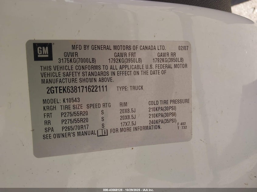 2007 GMC Sierra 1500 Denali VIN: 2GTEK638171622111 Lot: 43568128