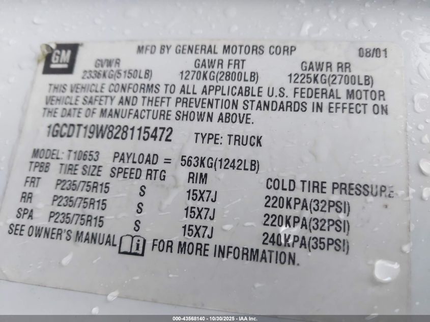 2002 Chevrolet S-10 Ls VIN: 1GCDT19W828115472 Lot: 43568140