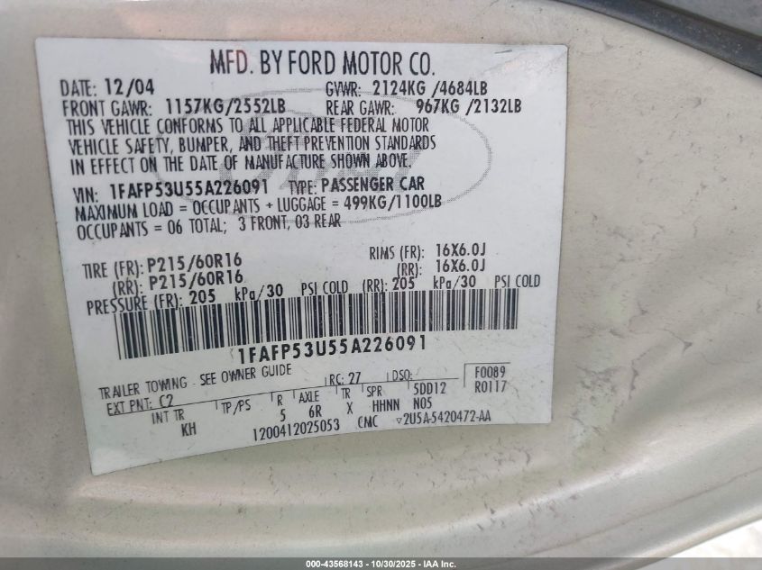 2005 Ford Taurus Se VIN: 1FAFP53U55A226091 Lot: 43568143