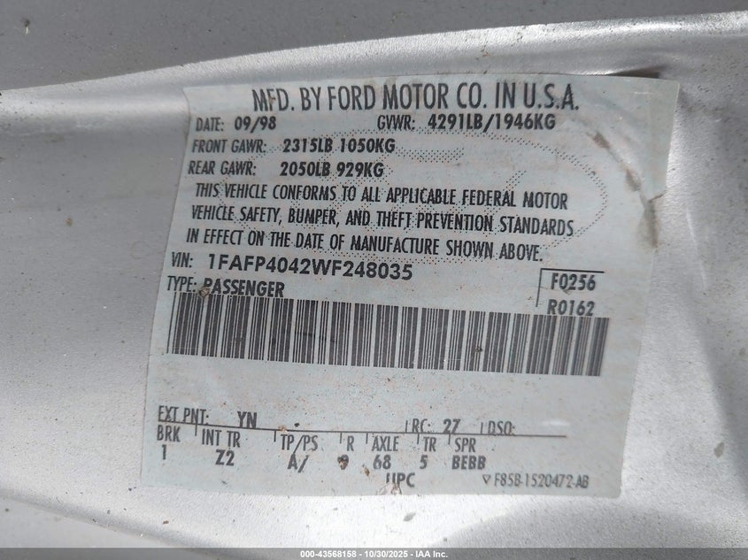 1998 Ford Mustang VIN: 1FAFP4042WF248035 Lot: 43568158