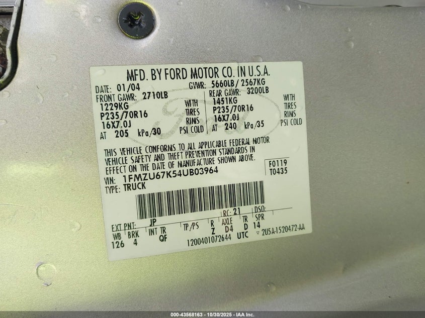 2004 Ford Explorer Sport Trac Adrenalin/Xls/Xlt VIN: 1FMZU67K54UB03964 Lot: 43568163