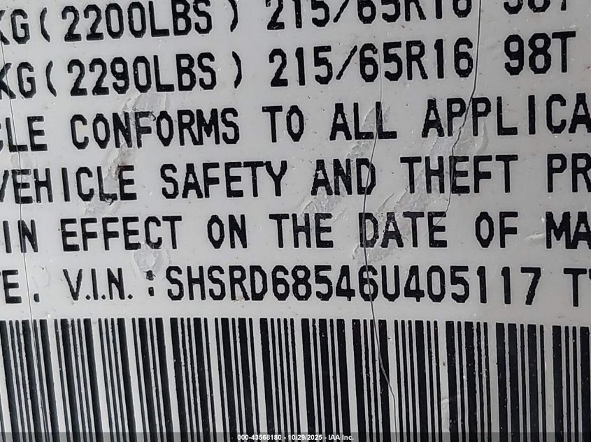 2006 Honda Cr-V Lx VIN: SHSRD68546U405117 Lot: 43568180