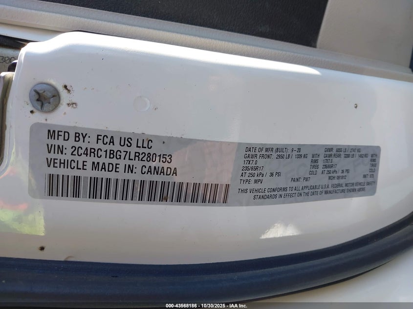 2020 Chrysler Pacifica Touring L VIN: 2C4RC1BG7LR280153 Lot: 43568186