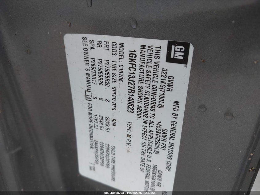 2007 GMC Yukon Commercial Fleet VIN: 1GKFC13J27R140623 Lot: 43568203