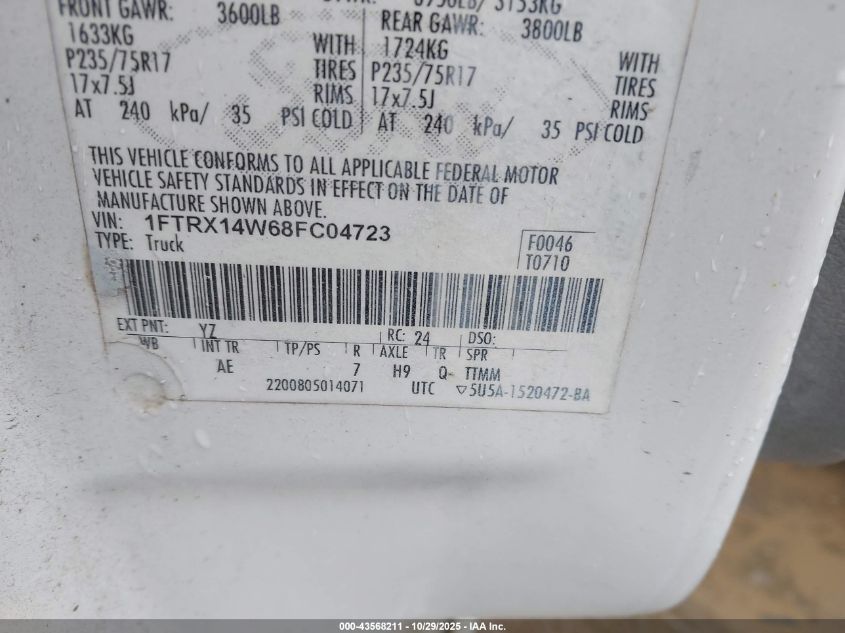 2008 Ford F-150 Stx/Xl/Xlt VIN: 1FTRX14W68FC04723 Lot: 43568211