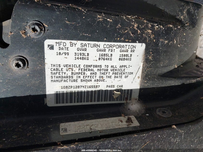 2000 Saturn Sc1 VIN: 1G8ZP1287YZ165587 Lot: 43568245