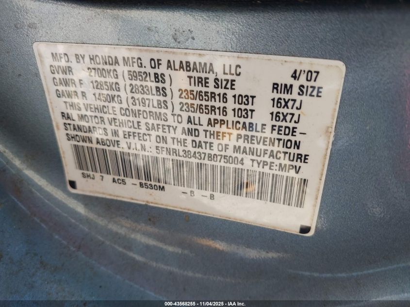 2007 Honda Odyssey Ex VIN: 5FNRL38437B075004 Lot: 43568255