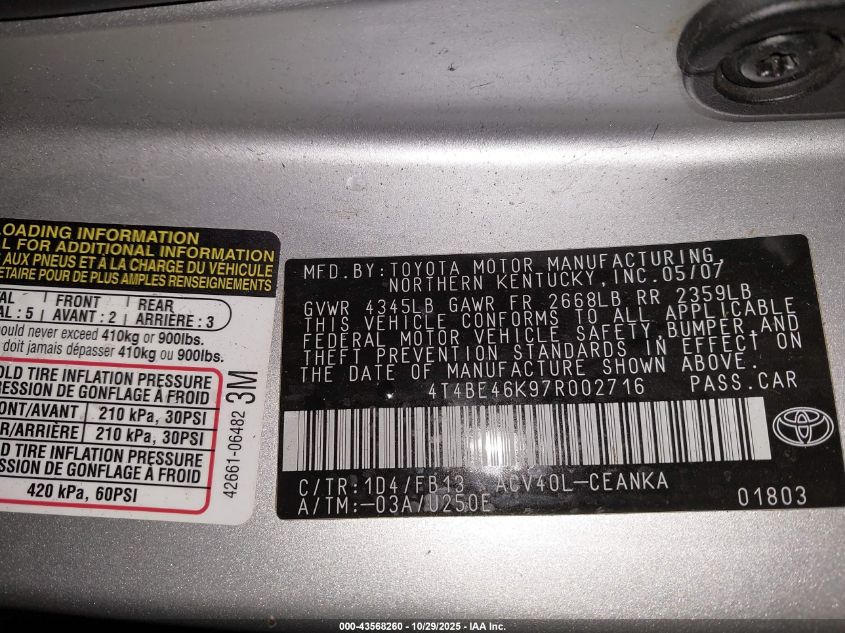 2007 Toyota Camry Le VIN: 4T4BE46K97R002716 Lot: 43568260