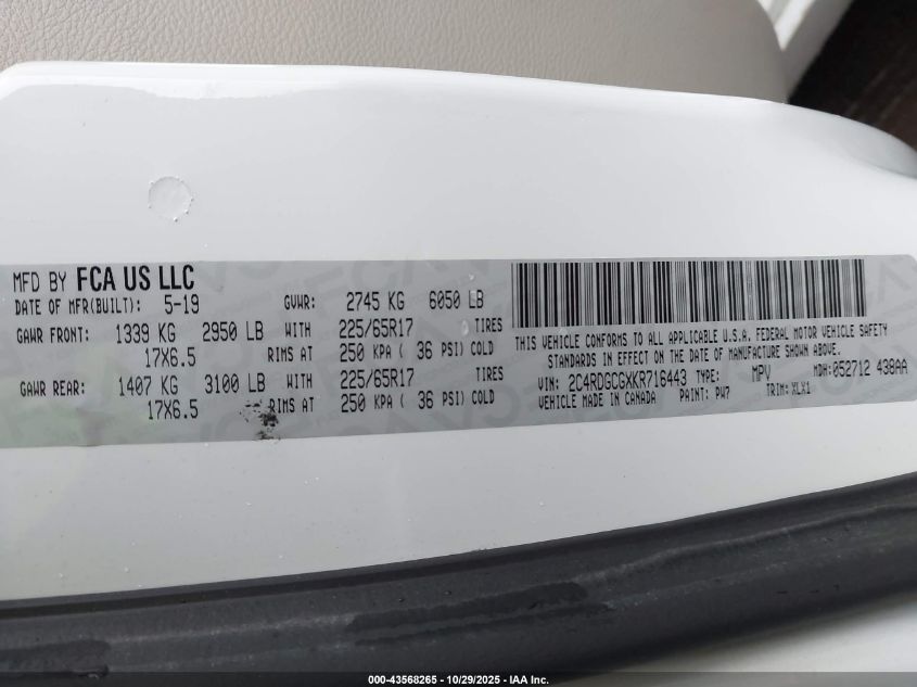 2019 Dodge Grand Caravan Sxt VIN: 2C4RDGCGXKR716443 Lot: 43568265