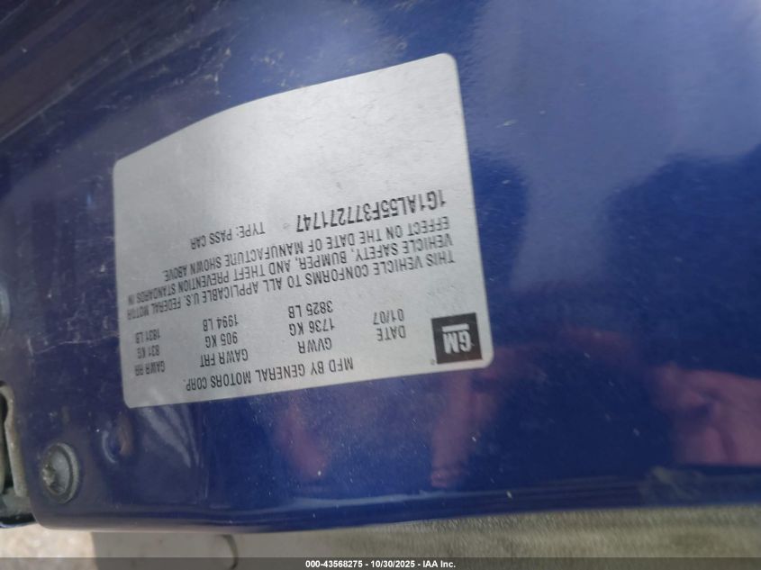 2007 Chevrolet Cobalt Lt VIN: 1G1AL55F377271747 Lot: 43568275