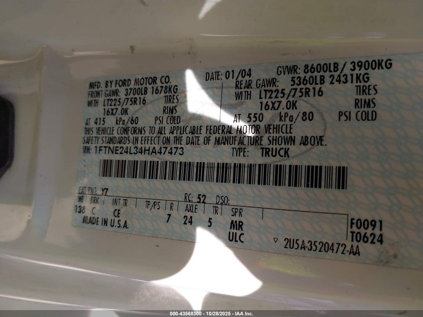 2004 Ford E-250 Commercial/Recreational VIN: 1FTNE24L34HA47473 Lot: 43568300