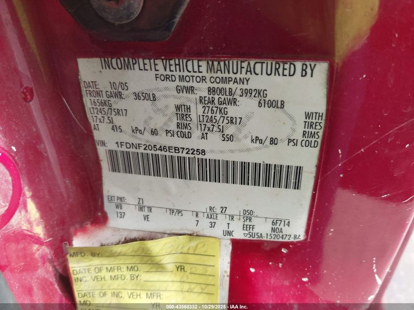 2006 Ford F-250 Xl/Xlt VIN: 1FDNF20546EB72258 Lot: 43568332