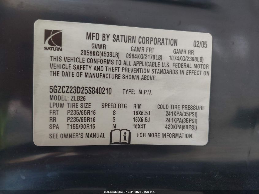 2005 Saturn Vue 4 Cyl VIN: 5GZCZ23D25S840210 Lot: 43568343