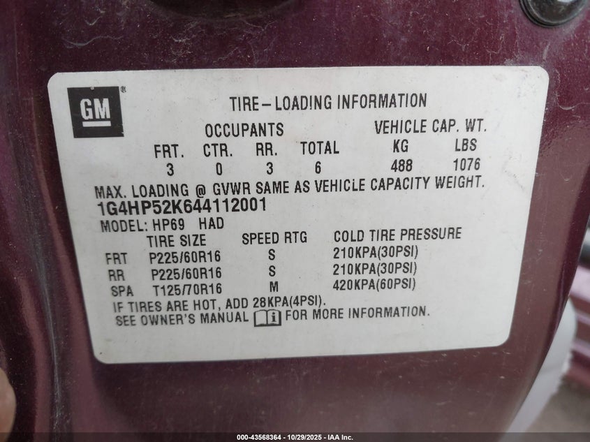 2004 Buick Lesabre Custom VIN: 1G4HP52K644112001 Lot: 43568364