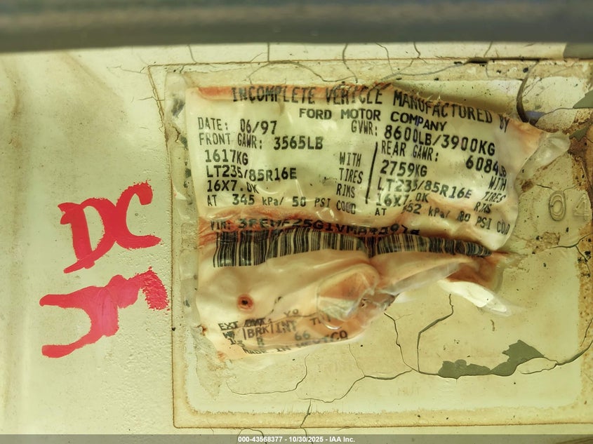 1997 Ford F250 VIN: 3FEHF25G1VMA45978 Lot: 43568377