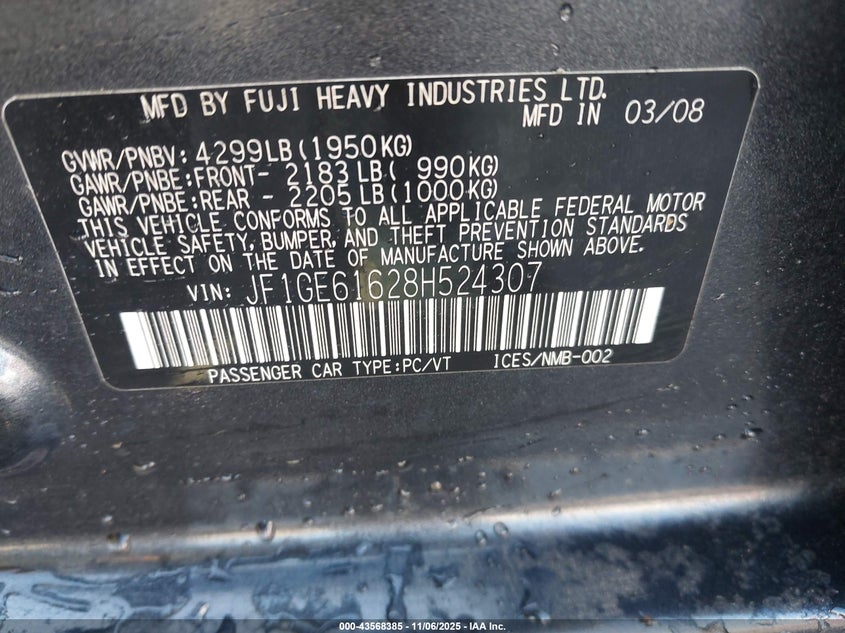 2008 Subaru Impreza 2.5I VIN: JF1GE61628H524307 Lot: 43568385
