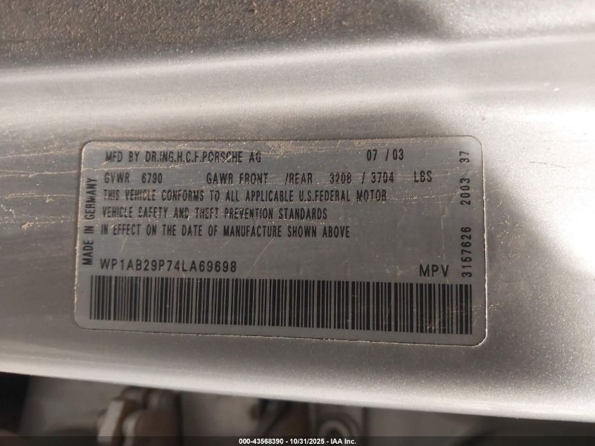 2004 Porsche Cayenne S VIN: WP1AB29P74LA69698 Lot: 43568390