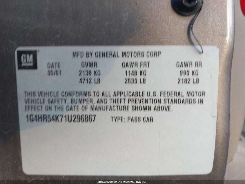 2001 Buick Lesabre Limited VIN: 1G4HR54K71U296867 Lot: 43568392