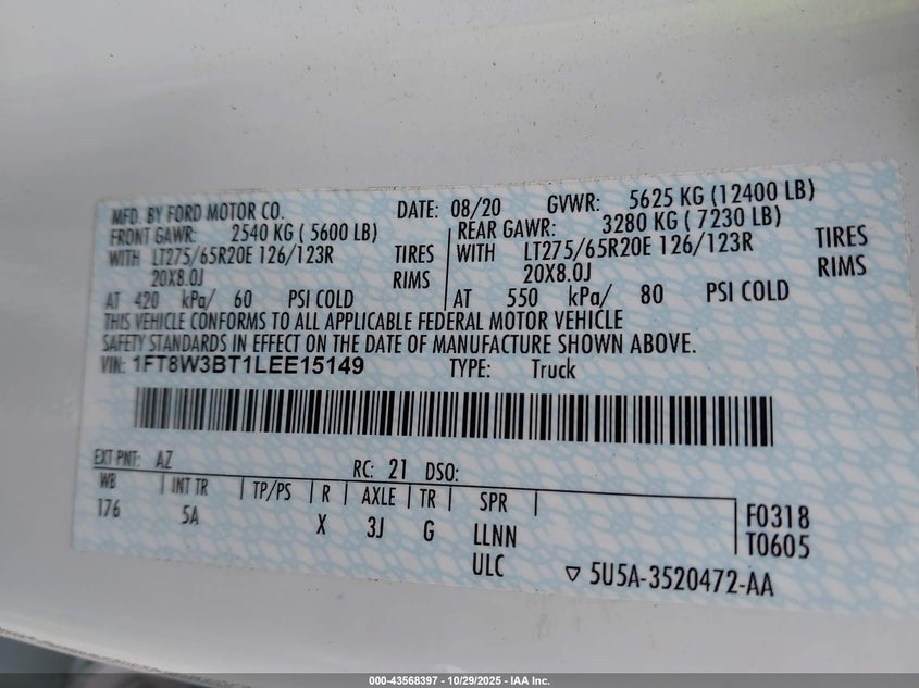 2020 Ford F-350 Lariat VIN: 1FT8W3BT1LEE15149 Lot: 43568397