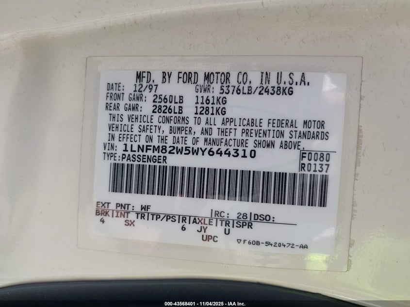 1998 Lincoln Town Car Signature VIN: 1LNFM82W5WY644310 Lot: 43568401