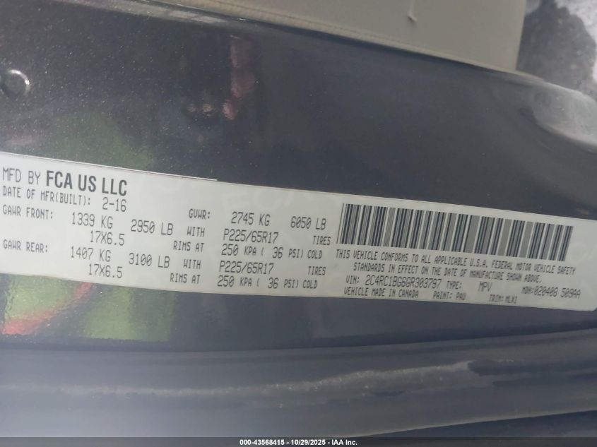 2016 Chrysler Town & Country Touring VIN: 2C4RC1BG6GR303797 Lot: 43568415