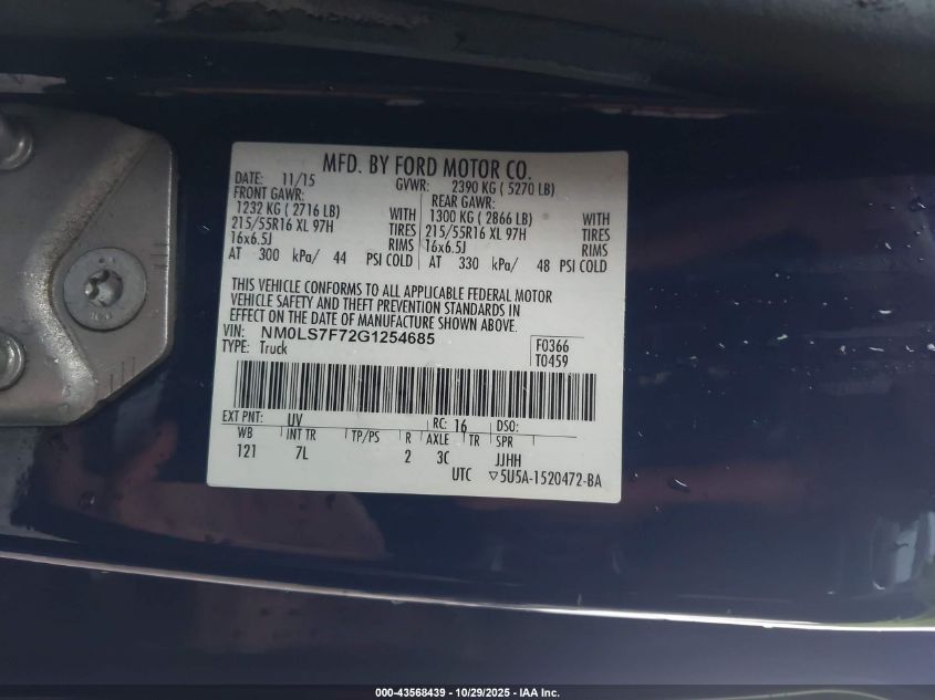 2016 Ford Transit Connect Xlt VIN: NM0LS7F72G1254685 Lot: 43568439