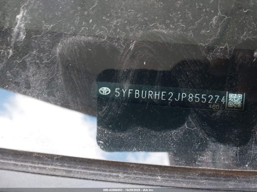 2018 Toyota Corolla Le VIN: 5YFBURHE2JP855274 Lot: 43568453