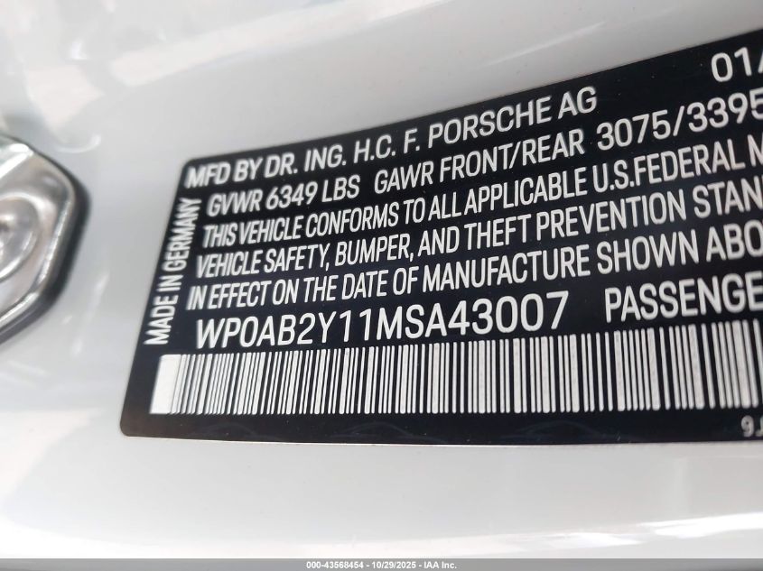 2021 Porsche Taycan 4S VIN: WP0AB2Y11MSA43007 Lot: 43568454