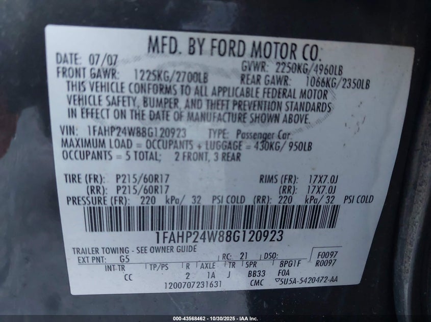 2008 Ford Taurus Sel VIN: 1FAHP24W88G120923 Lot: 43568462
