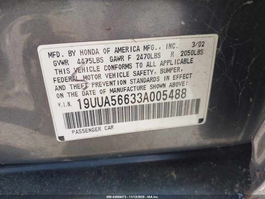2003 Acura Tl 3.2 VIN: 19UUA56633A005488 Lot: 43568473