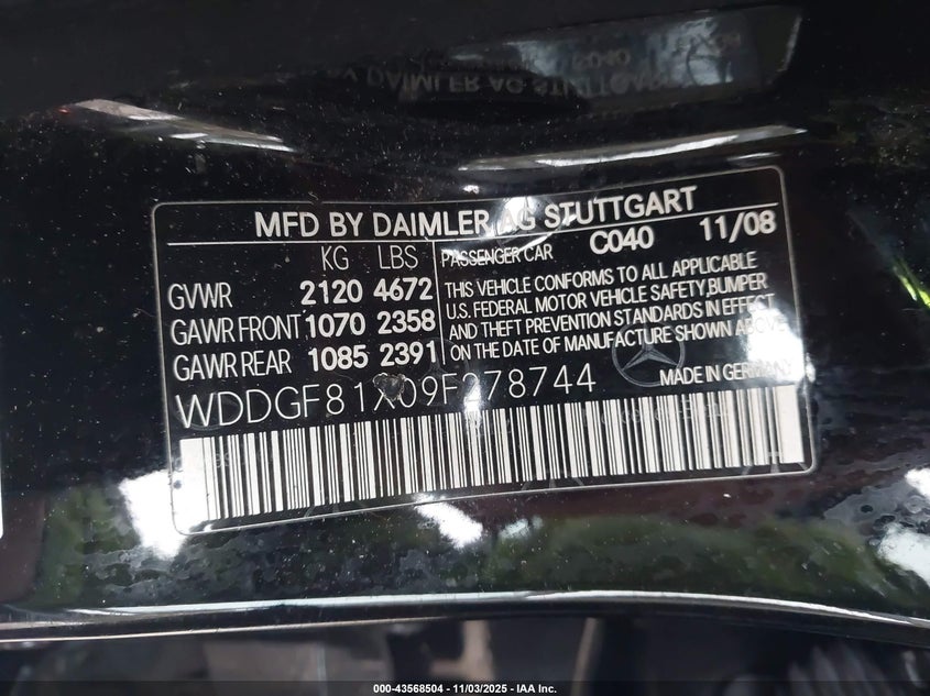 2009 Mercedes-Benz C 300 Sport 4Matic VIN: WDDGF81X09F278744 Lot: 43568504