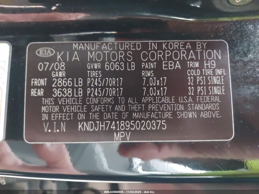 2009 Kia Borrego Lx V6 VIN: KNDJH741895020375 Lot: 43568506