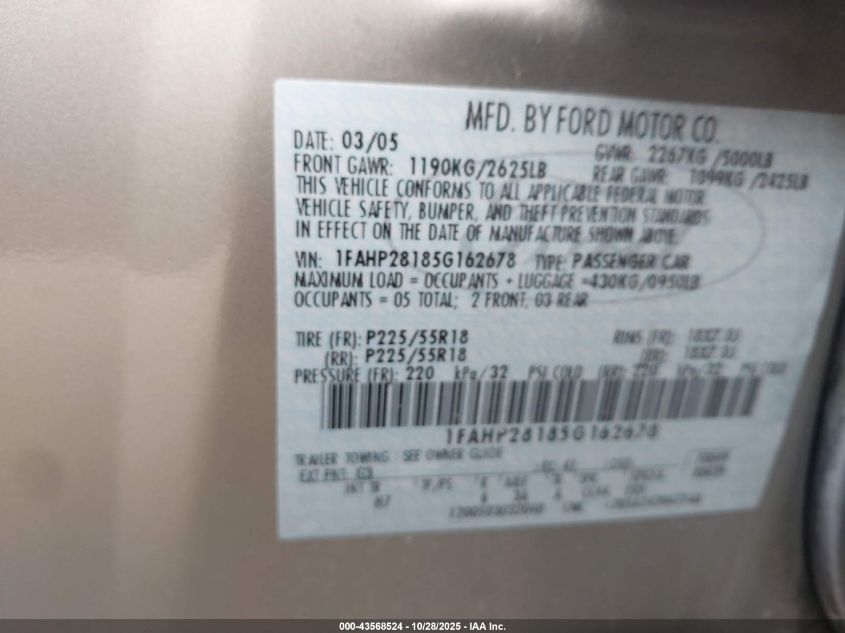 2005 Ford Five Hundred Limited VIN: 1FAHP28185G162678 Lot: 43568524