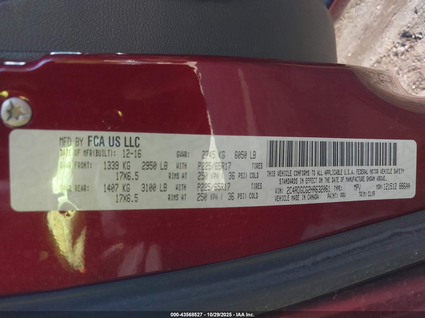 2017 Dodge Grand Caravan Sxt VIN: 2C4RDGCG2HR632061 Lot: 43568527