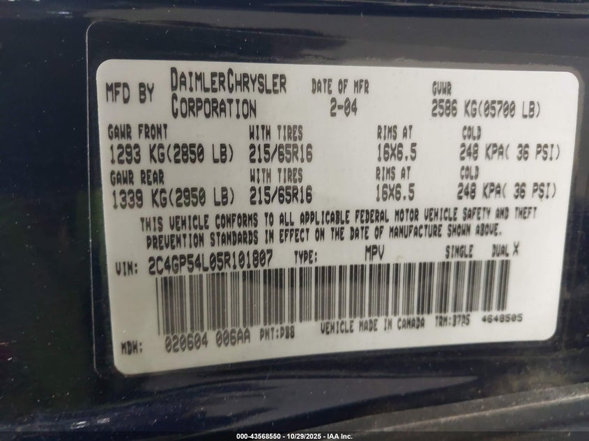 2005 Chrysler Town & Country Touring VIN: 2C4GP54L05R101807 Lot: 43568550