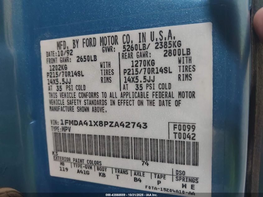 1993 Ford Aerostar VIN: 1FMDA41X8PZA42743 Lot: 43568559