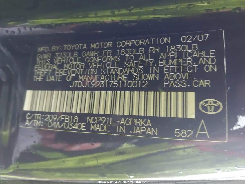 JTDJT923175110012 2007 TOYOTA YARIS photo no. 9