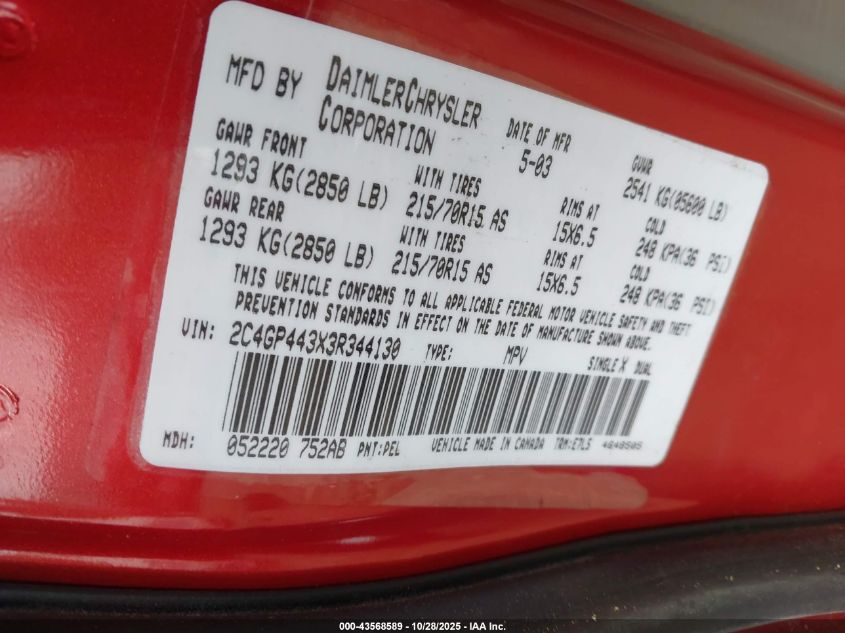 2003 Chrysler Town & Country Lx VIN: 2C4GP443X3R344130 Lot: 43568589