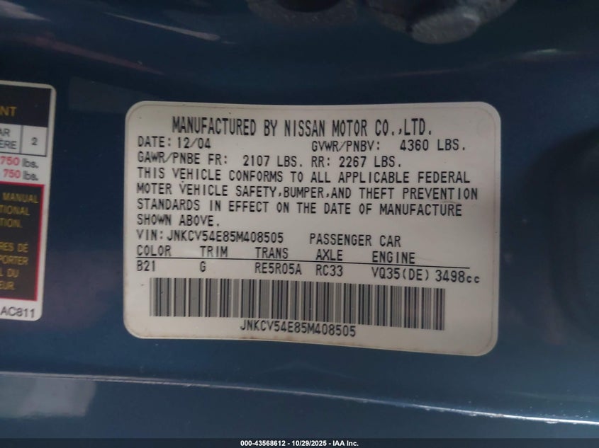 2005 Infiniti G35 VIN: JNKCV54E85M408505 Lot: 43568612
