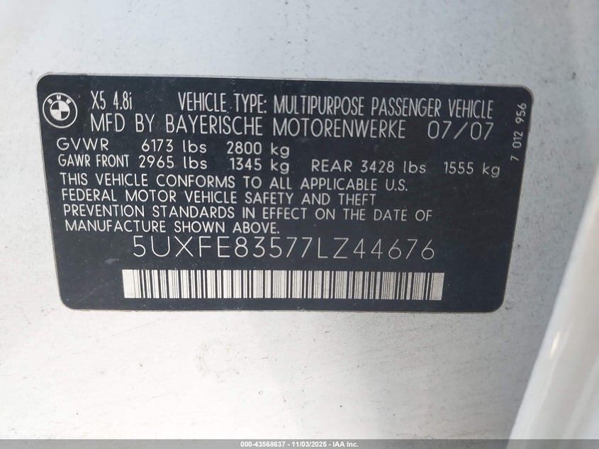 2007 BMW X5 4.8I VIN: 5UXFE83577LZ44676 Lot: 43568637