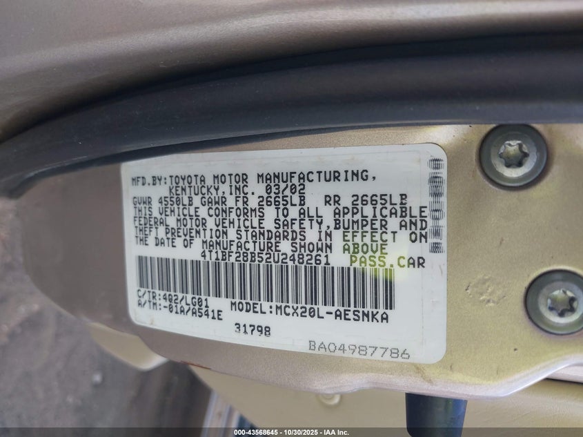 2002 Toyota Avalon Xl VIN: 4T1BF28B52U248261 Lot: 43568645