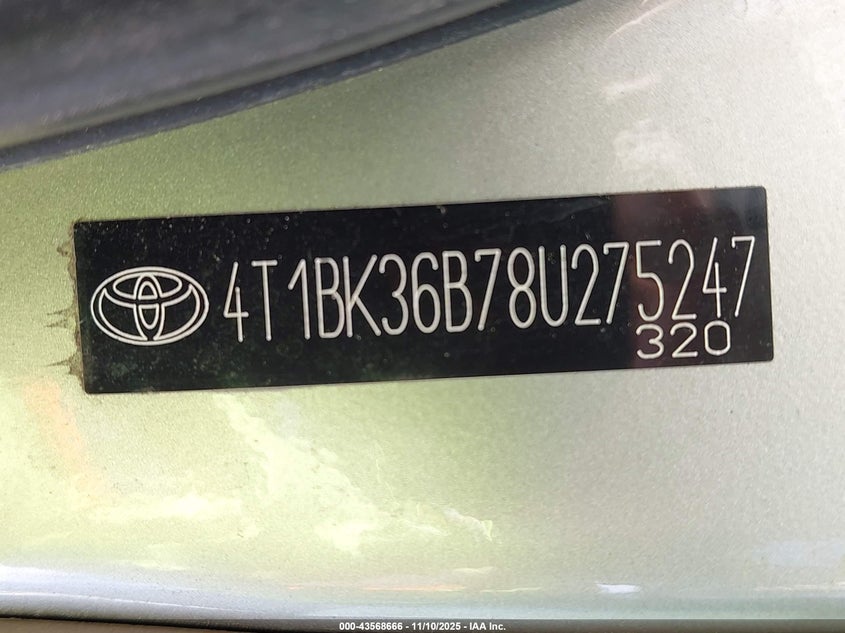 2008 Toyota Avalon Limited VIN: 4T1BK36B78U275247 Lot: 43568666