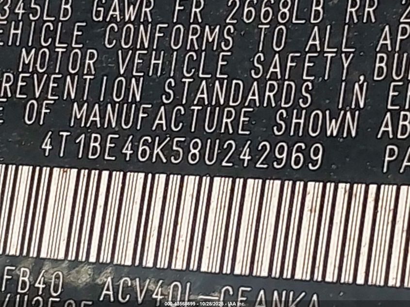 2008 Toyota Camry Le VIN: 4T1BE46K58U242969 Lot: 43568699