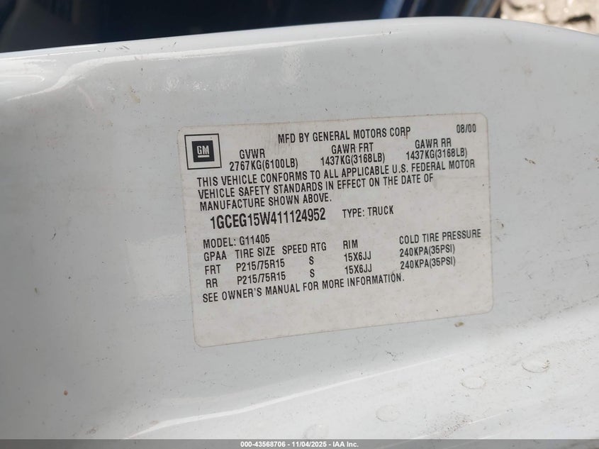 2001 Chevrolet Express VIN: 1GCEG15W411124952 Lot: 43568706