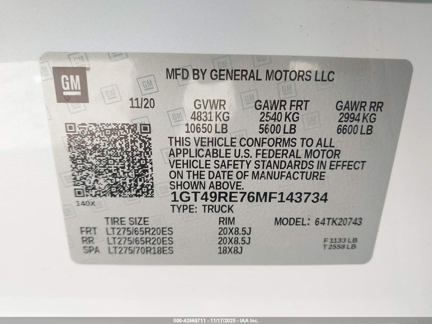 2021 GMC Sierra 2500Hd 4Wd Standard Bed Denali VIN: 1GT49RE76MF143734 Lot: 43568711