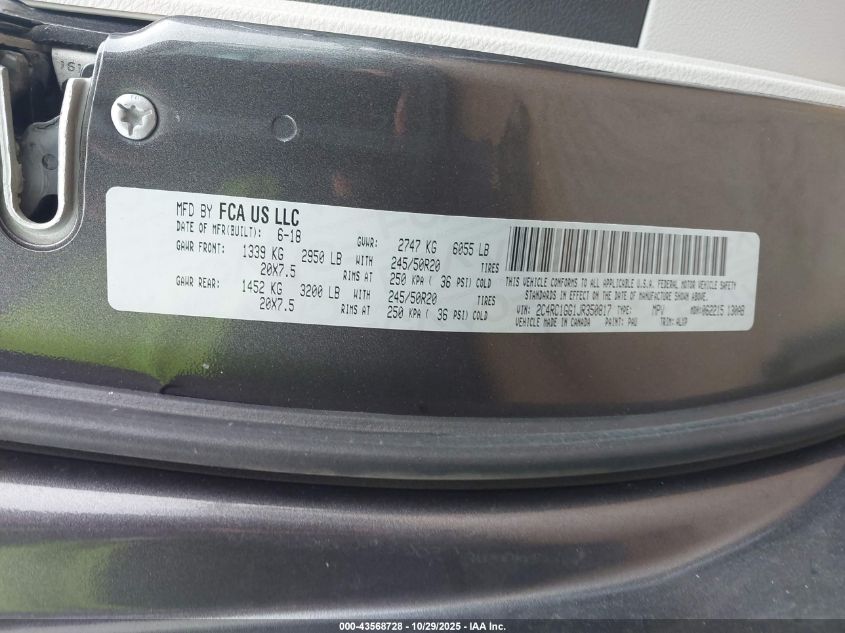 2018 Chrysler Pacifica Limited VIN: 2C4RC1GG1JR350817 Lot: 43568728