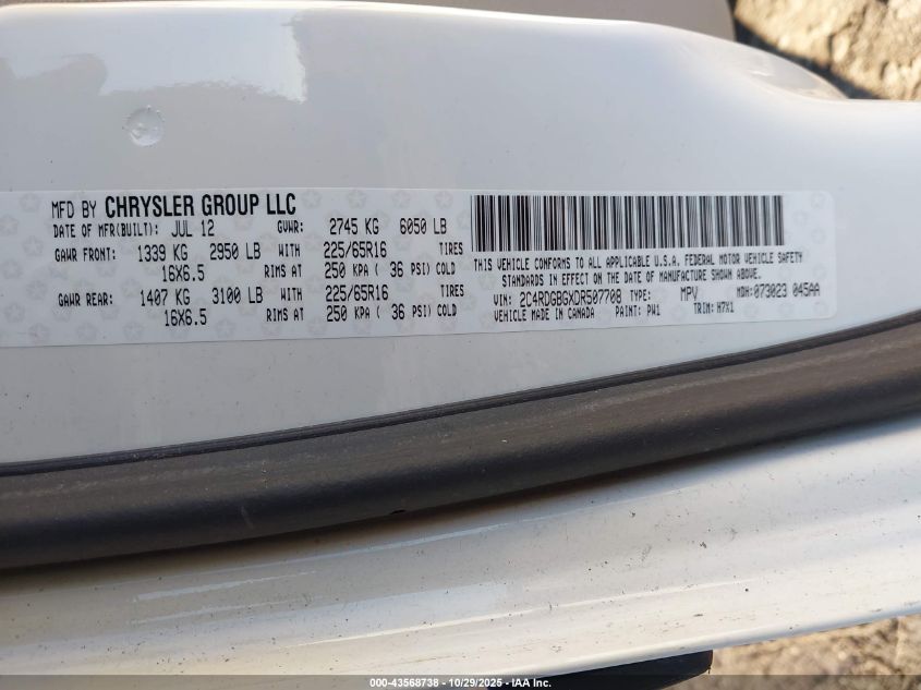 2013 Dodge Grand Caravan American Value Pkg VIN: 2C4RDGBGXDR507708 Lot: 43568738