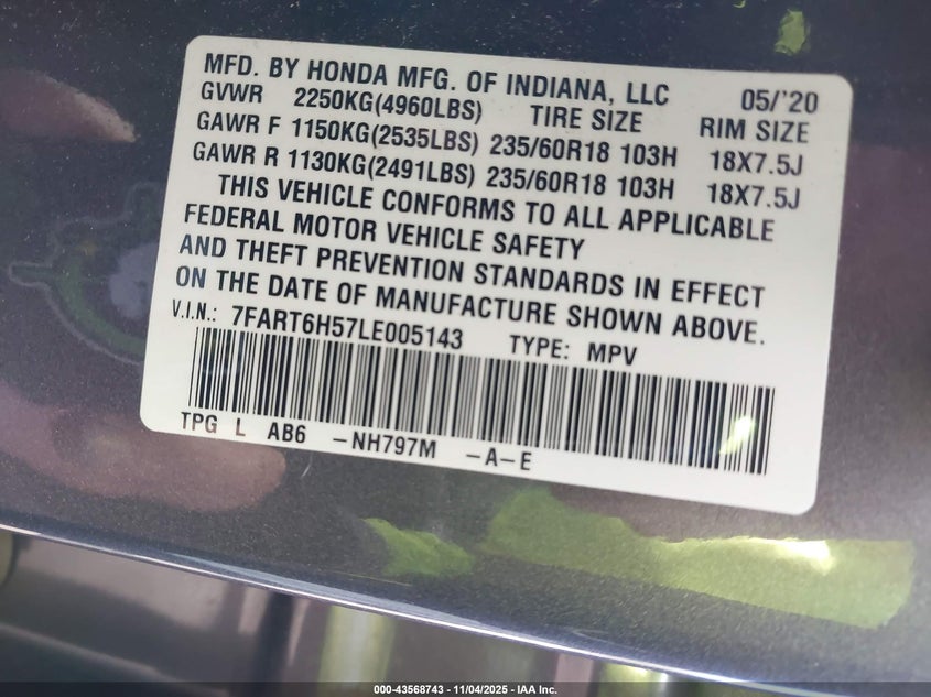 2020 HONDA CR-V HYBRID EX 7FART6H57LE005143